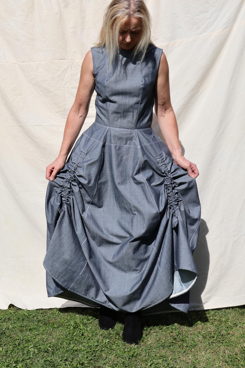 Sculptural Ruched Maxi Dress — Slate Grey