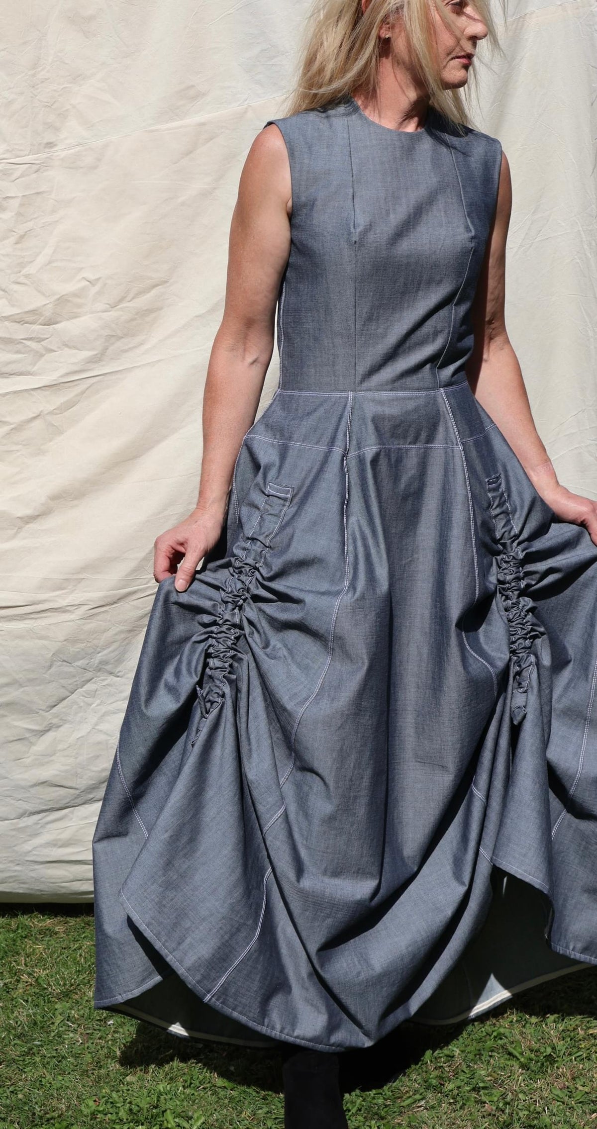 Sculptural Ruched Maxi Dress — Slate Grey