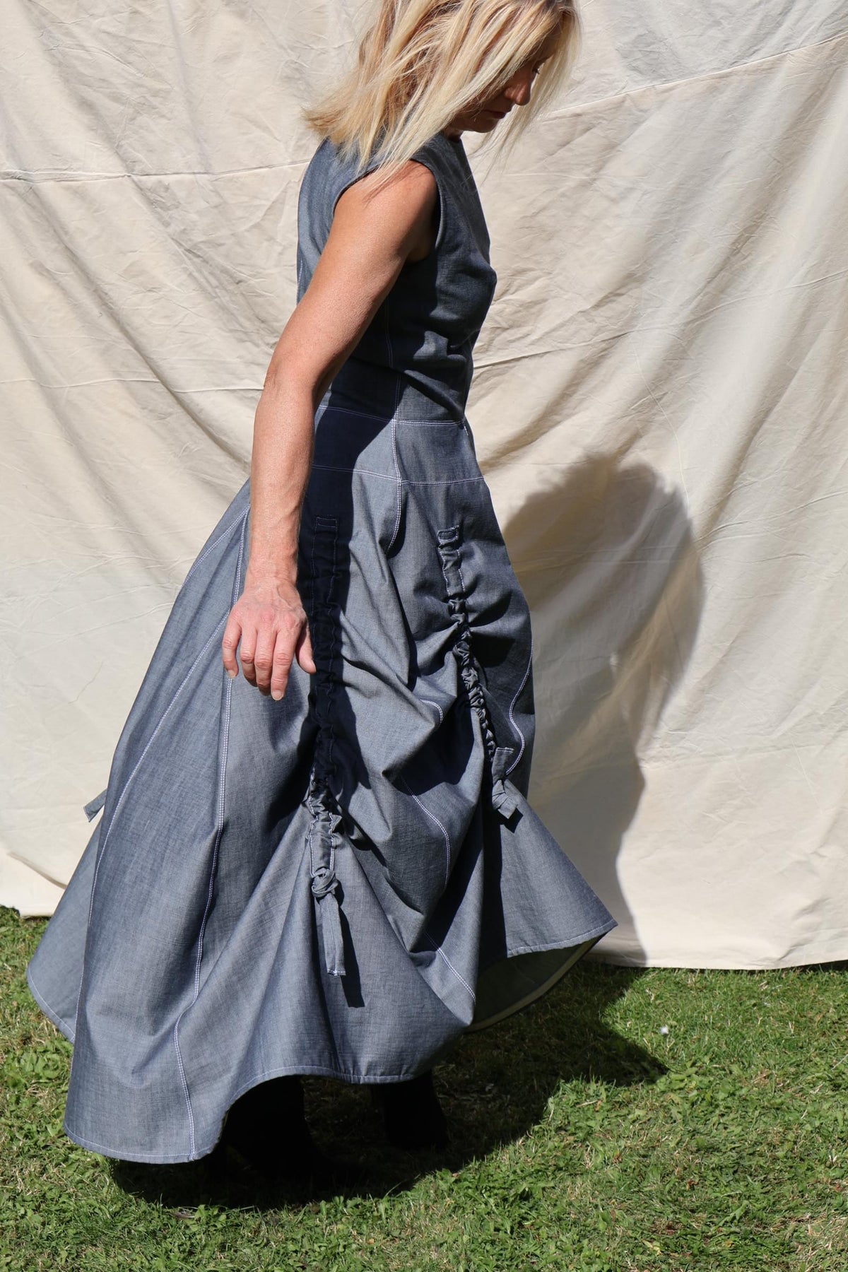 Sculptural Ruched Maxi Dress — Slate Grey