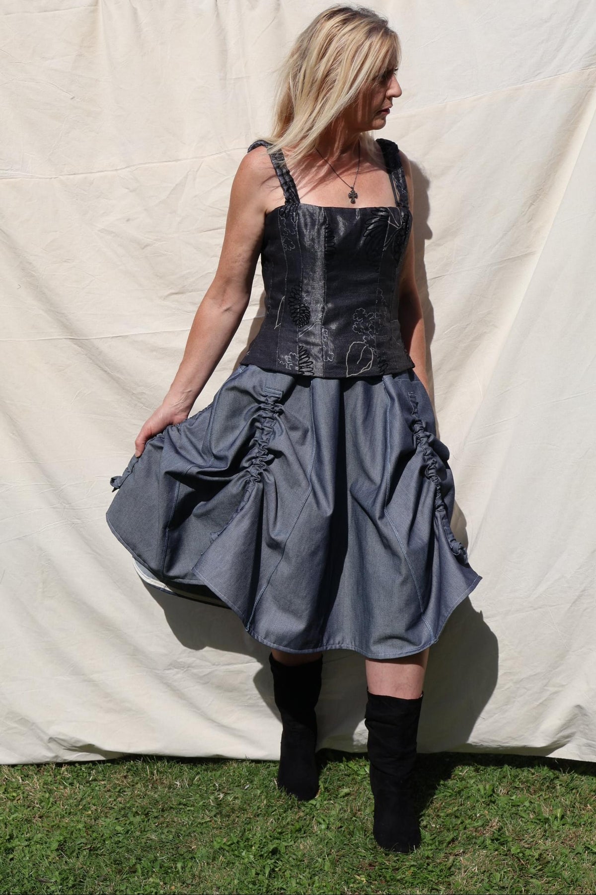 Denim Balloon Skirt — Slate Blue