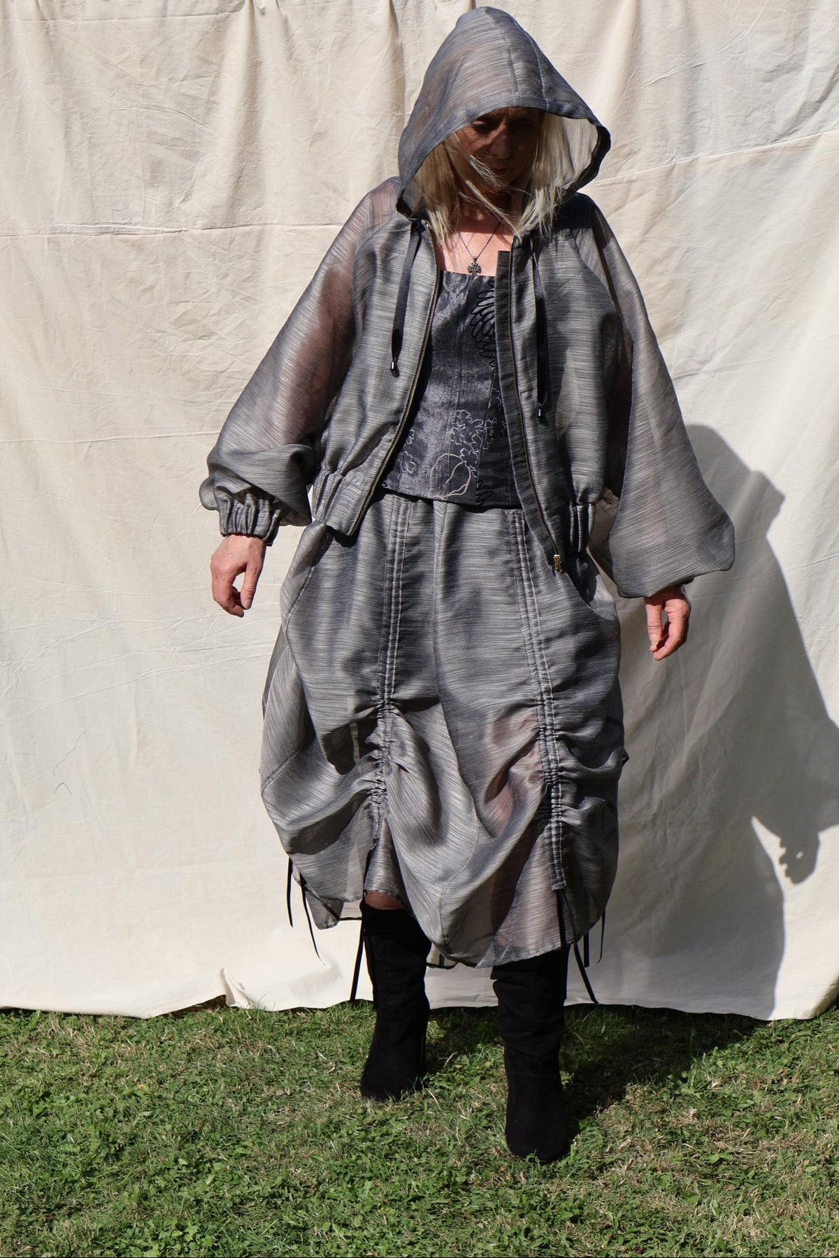 Sculptural Drawstring Skirt — Slate Organza