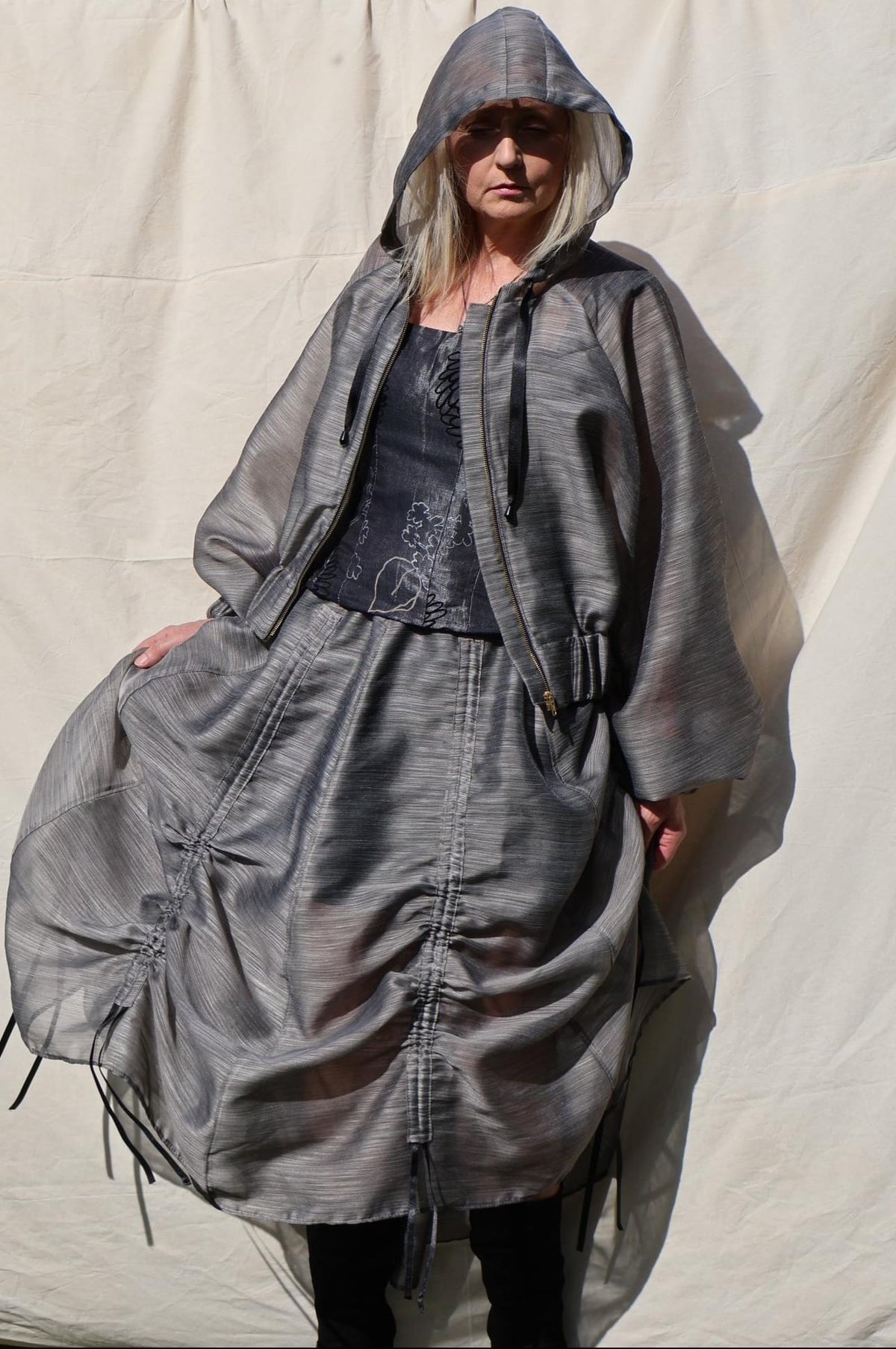Sculptural Drawstring Skirt — Slate Organza