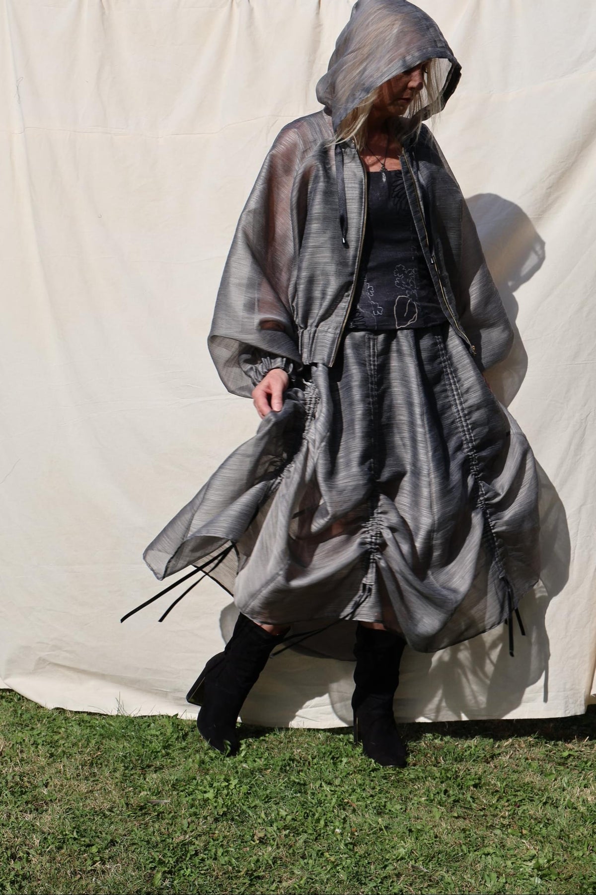Sculptural Drawstring Skirt — Slate Organza