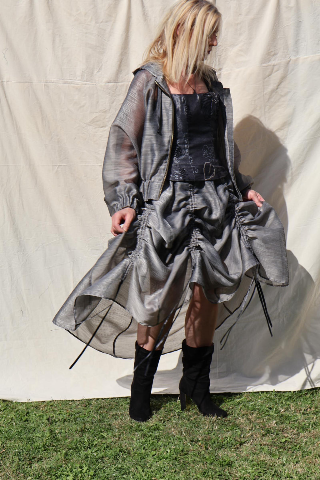Sculptural Drawstring Skirt — Slate Organza
