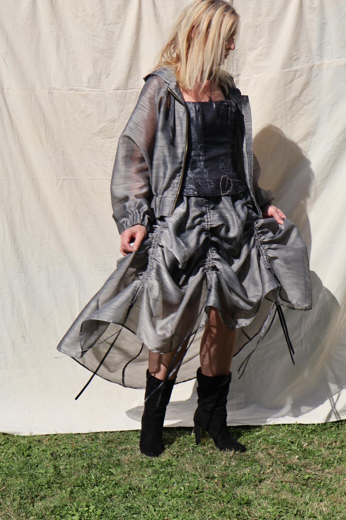 Sculptural Drawstring Skirt — Slate Organza