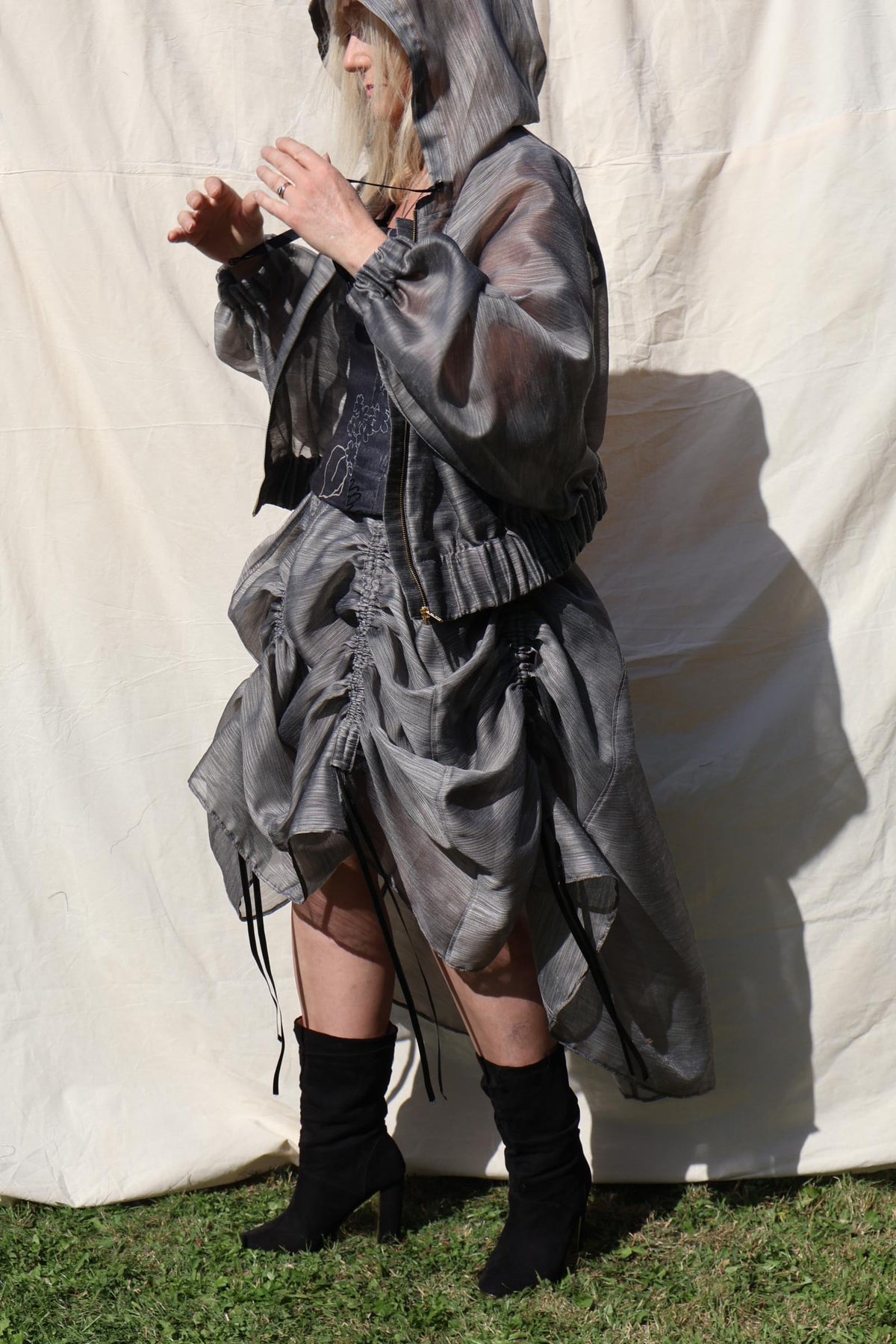 Sculptural Drawstring Skirt — Slate Organza