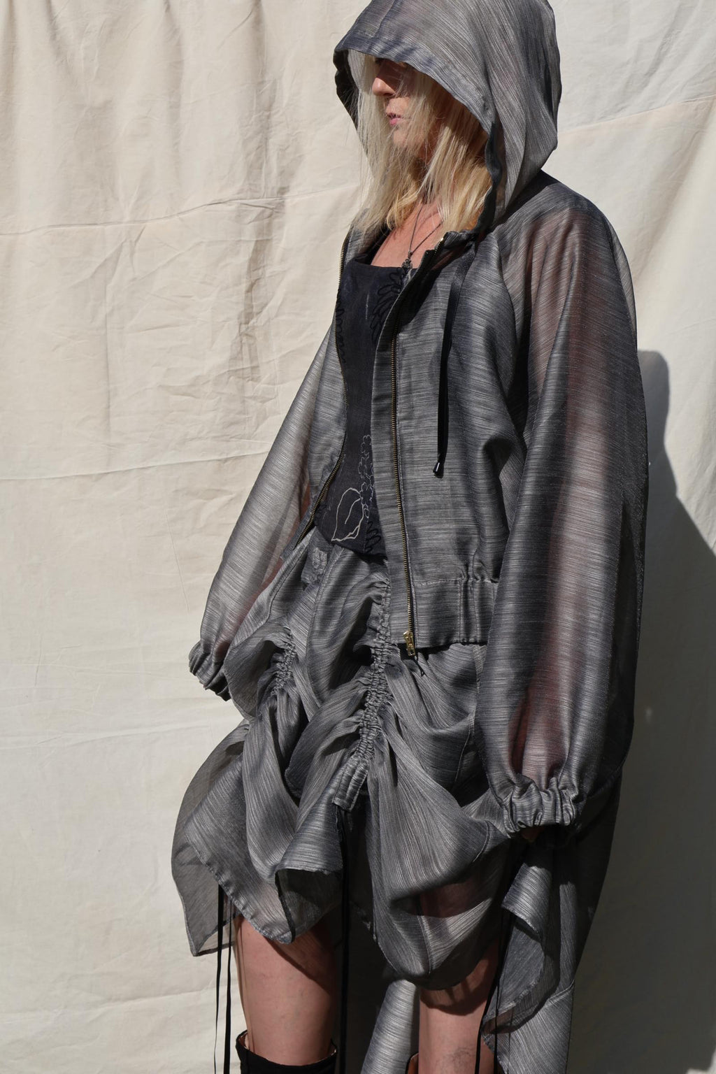 Sheer Hooded Oversized Jacket —  Slate Grey